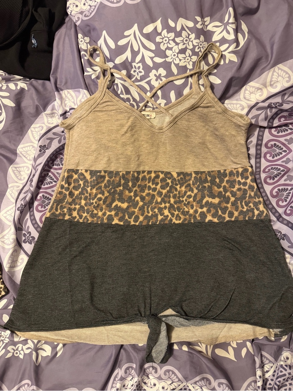 First Love Beige Leopard-Panel Tie-Hem Tank Top
